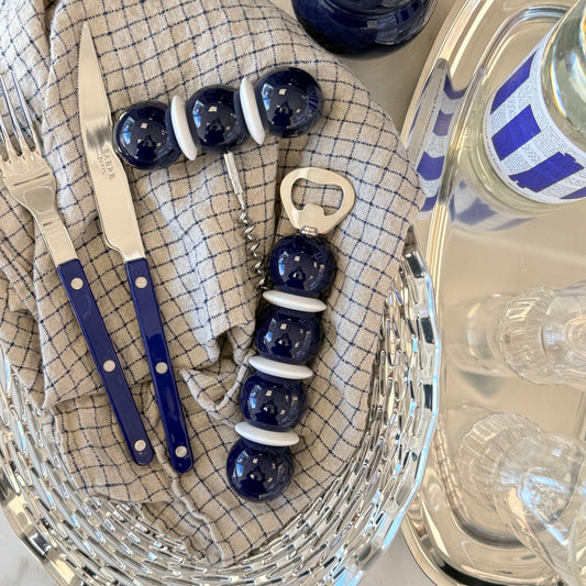 Ouvre-bouteille à bobine bleu marine et blanc
