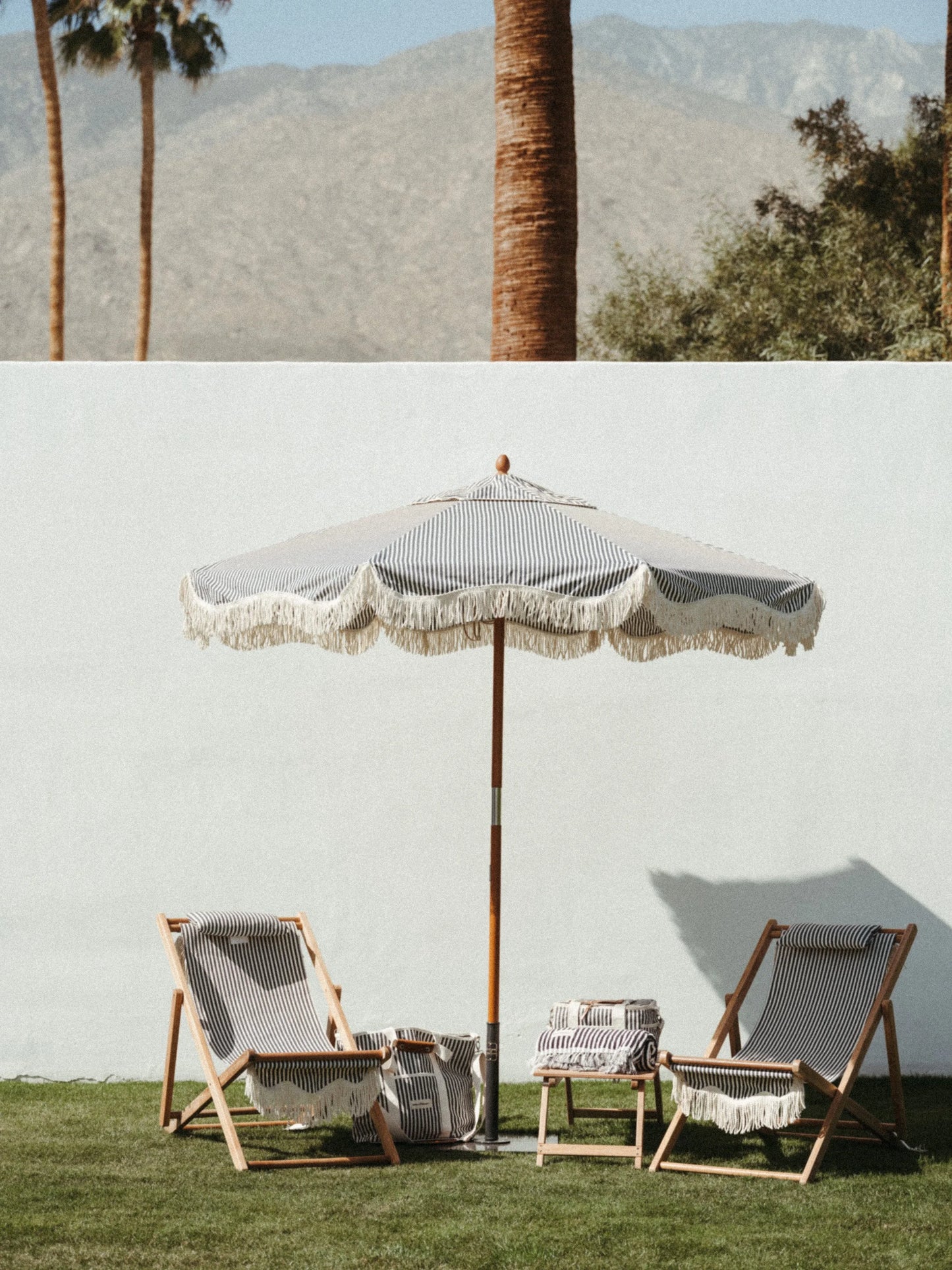 Market Fringed Umbrella Navy Blue Stripe