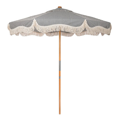 Market Fringed Umbrella Navy Blue Stripe
