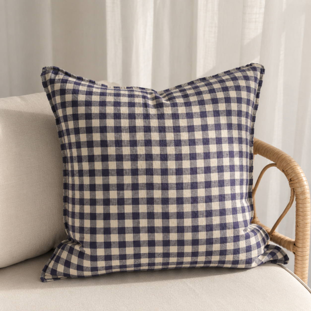 French Cushion Cover Flax Navy Gingham