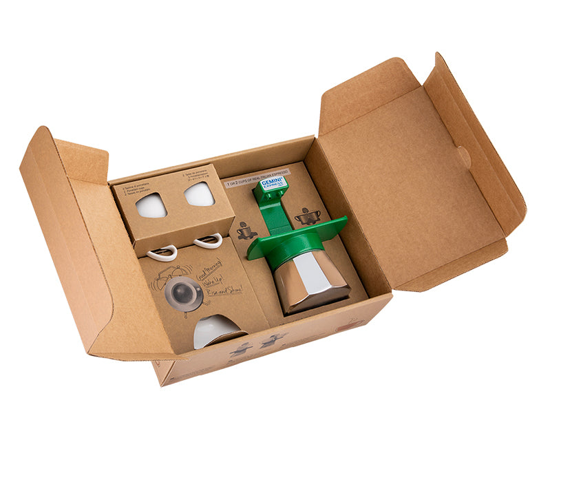 Grön espressobryggare med 2 koppar och fat