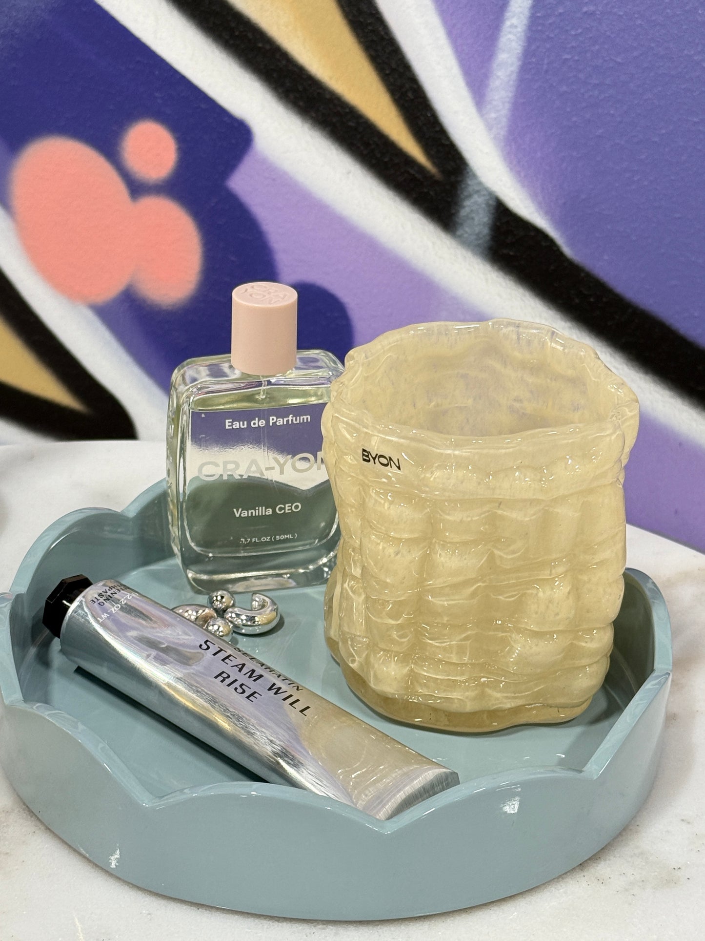 Scalloped Small Round Tray Pale Denim