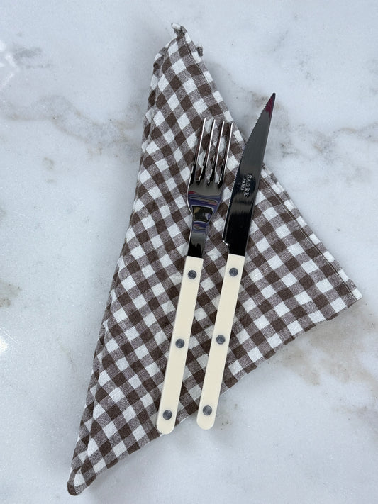 Franske hørservietter brune gingham 6 stk.