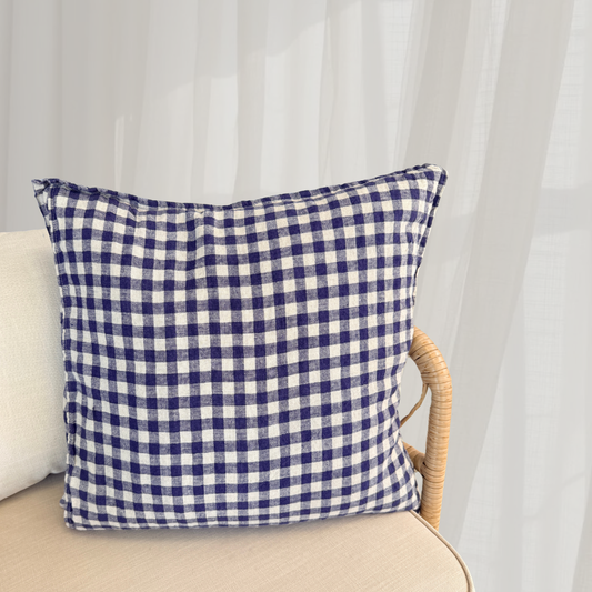 French Cushion Cover Flax Navy Gingham
