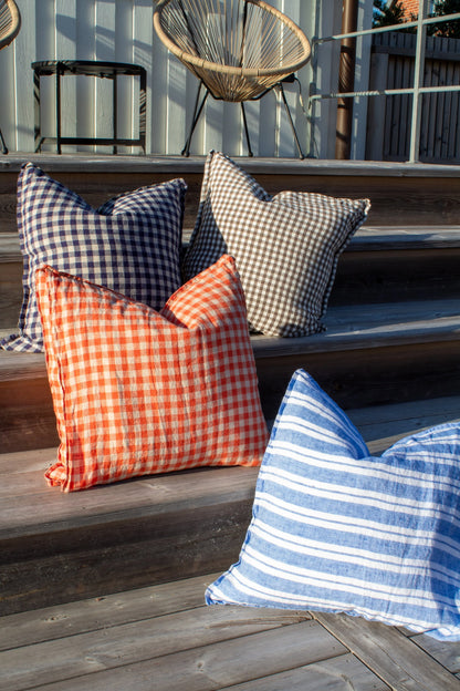 French Cushion Cover Flax Navy Gingham