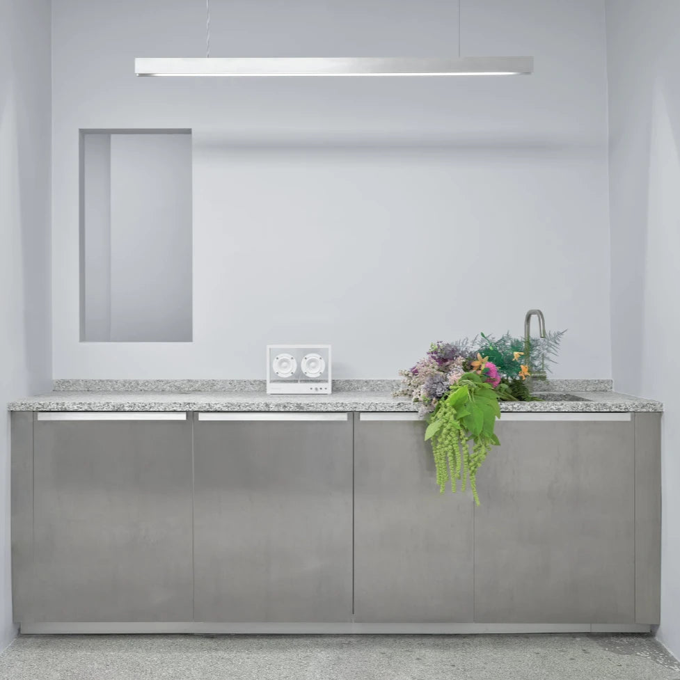 högtalare transparent sound small vit I stilrent käk med blommor på diskbänken